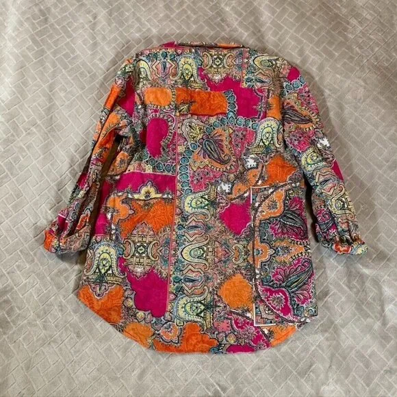 Chicos Womens S Button Up Shirt Colorful Paisley Boho Hippie Lightweight Cotton - Picture 10 of 13